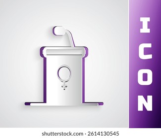 Paper cut Stage stand or debate podium rostrum icon isolated on grey background. Conference speech tribune. Paper art style. Vector