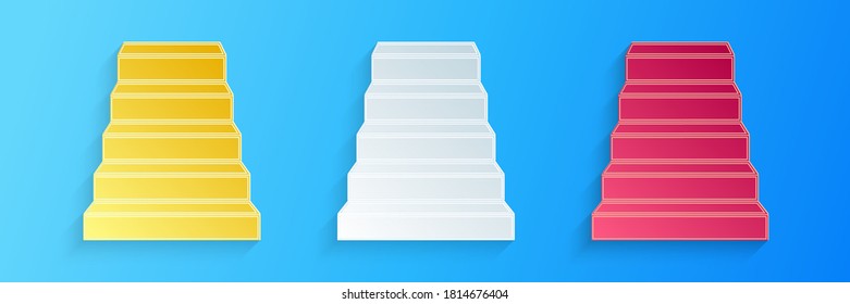 Paper cut Staircase icon isolated on blue background. Paper art style. Vector.