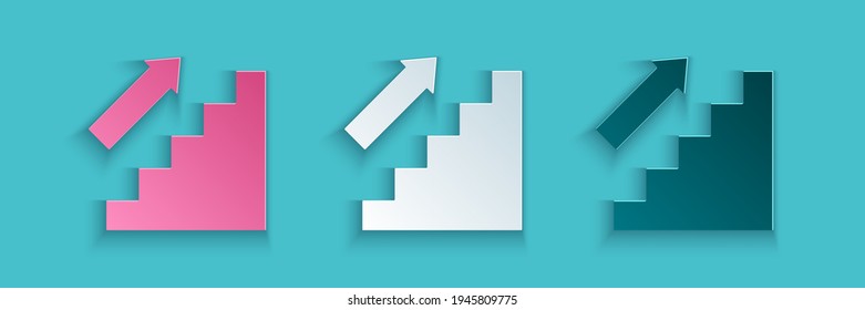 Paper cut Stairs up icon isolated on blue background. Paper art style. Vector