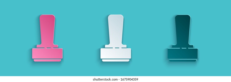 Icono de sello de corte de papel aislado en fondo azul. Estilo de arte de papel.  Ilustración vectorial