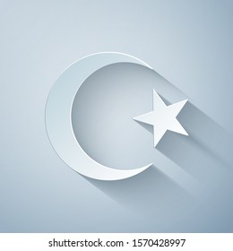 Paper cut Star and crescent - symbol of Islam icon isolated on grey background. Religion symbol. Paper art style. Vector Illustration