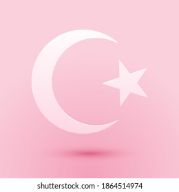 Paper cut Star and crescent - symbol of Islam icon isolated on pink background. Religion symbol. Paper art style. Vector.