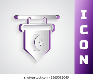 Paper cut Star and crescent - symbol of Islam icon isolated on grey background. Religion symbol. Paper art style. Vector