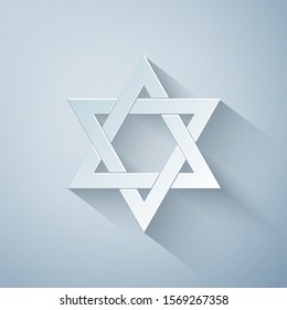 Paper cut Star of David icon isolated on grey background. Jewish religion symbol. Paper art style. Vector Illustration