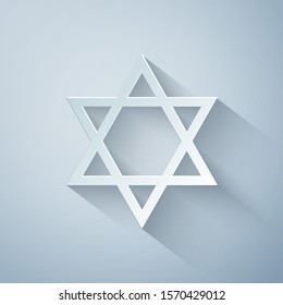 Paper cut Star of David icon isolated on grey background. Jewish religion symbol. Paper art style. Vector Illustration
