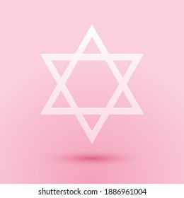 Paper cut Star of David icon isolated on pink background. Jewish religion symbol. Paper art style. Vector.
