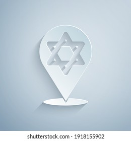 Paper cut Star of David icon isolated on grey background. Jewish religion symbol. Symbol of Israel. Paper art style. Vector.