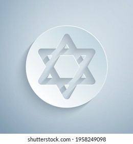 Paper cut Star of David icon isolated on grey background. Jewish religion symbol. Symbol of Israel. Paper art style. Vector