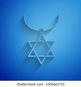 Paper cut Star of David necklace on chain icon isolated on blue background. Jewish religion symbol. Symbol of Israel. Jewellery and accessory. Paper art style. Vector Illustration