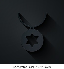 Paper cut Star of David necklace on chain icon isolated on black background. Jewish religion. Symbol of Israel. Jewellery and accessory. Paper art style. Vector Illustration