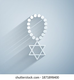 Paper cut Star of David necklace on chain icon isolated on grey background. Jewish religion symbol. Symbol of Israel. Jewellery and accessory. Paper art style. Vector