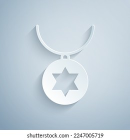Paper cut Star of David necklace on chain icon isolated on grey background. Jewish religion. Symbol of Israel. Jewellery and accessory. Paper art style. Vector Illustration