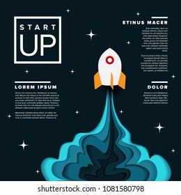Paper cut startup infographic poster template with space rocket - dark version