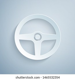 Paper cut Steering wheel icon isolated on grey background. Car wheel icon. Paper art style. Vector Illustration