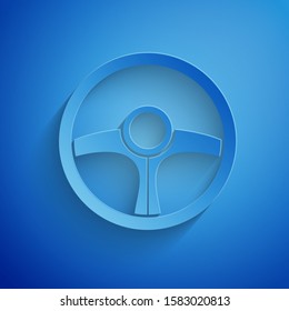 Paper cut Steering wheel icon isolated on blue background. Car wheel icon. Paper art style. Vector Illustration