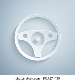 Paper cut Steering wheel icon isolated on grey background. Car wheel icon. Paper art style. Vector.