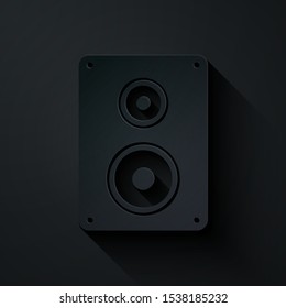 Paper cut Stereo speaker icon isolated on black background. Sound system speakers. Music icon. Musical column speaker bass equipment. Paper art style. Vector Illustration
