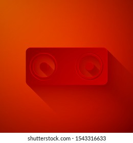 Paper cut Stereo speaker icon isolated on red background. Sound system speakers. Music icon. Musical column speaker bass equipment. Paper art style. Vector Illustration