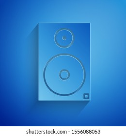 Paper cut Stereo speaker icon isolated on blue background. Sound system speakers. Music icon. Musical column speaker bass equipment. Paper art style. Vector Illustration