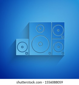 Paper cut Stereo speaker icon isolated on blue background. Sound system speakers. Music icon. Musical column speaker bass equipment. Paper art style. Vector Illustration