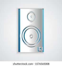 Paper cut Stereo speaker icon isolated on grey background. Sound system speakers. Music icon. Musical column speaker bass equipment. Paper art style. Vector Illustration