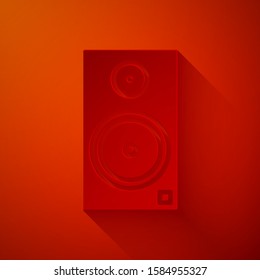 Paper cut Stereo speaker icon isolated on red background. Sound system speakers. Music icon. Musical column speaker bass equipment. Paper art style. Vector Illustration