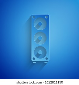 Paper cut Stereo speaker icon isolated on blue background. Sound system speakers. Music icon. Musical column speaker bass equipment. Paper art style. Vector Illustration