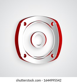 Paper cut Stereo speaker icon isolated on grey background. Sound system speakers. Music icon. Musical column speaker bass equipment. Paper art style. Vector Illustration