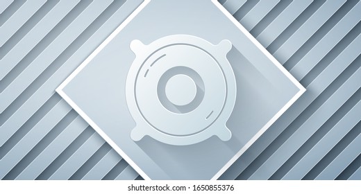 Paper cut Stereo speaker icon isolated on grey background. Sound system speakers. Music icon. Musical column speaker bass equipment. Paper art style. Vector Illustration