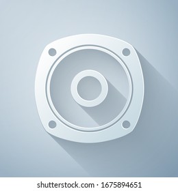 Paper cut Stereo speaker icon isolated on grey background. Sound system speakers. Music icon. Musical column speaker bass equipment. Paper art style. Vector Illustration