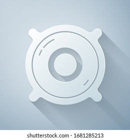 Paper cut Stereo speaker icon isolated on grey background. Sound system speakers. Music icon. Musical column speaker bass equipment. Paper art style. Vector Illustration