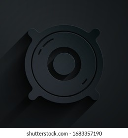Paper cut Stereo speaker icon isolated on black background. Sound system speakers. Music icon. Musical column speaker bass equipment. Paper art style. Vector Illustration