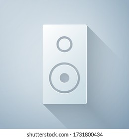 Paper cut Stereo speaker icon isolated on grey background. Sound system speakers. Music icon. Musical column speaker bass equipment. Paper art style. Vector Illustration