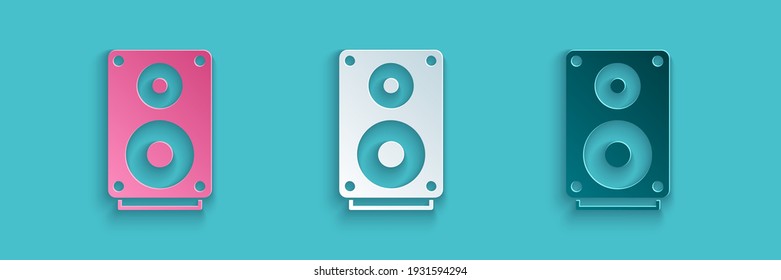Paper cut Stereo speaker icon isolated on blue background. Sound system speakers. Music icon. Musical column speaker bass equipment. Paper art style. Vector