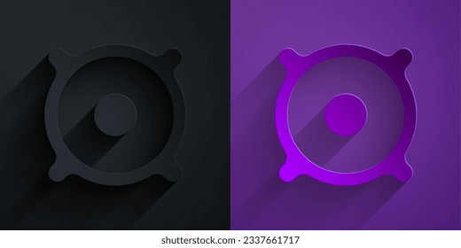 Paper cut Stereo speaker icon isolated on black on purple background. Sound system speakers. Music icon. Musical column speaker bass equipment. Paper art style. Vector