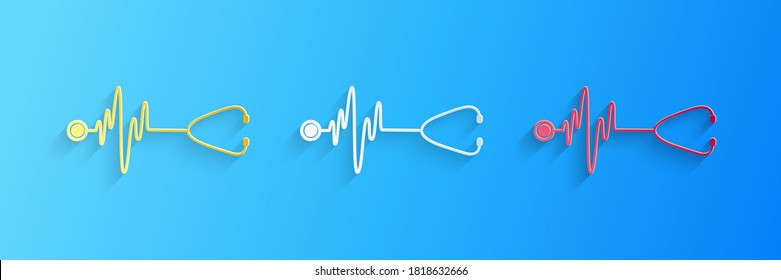 Paper cut Stethoscope with a heart beat icon isolated on blue background. Medical concept. Pulse care symbol. Paper art style. Vector.