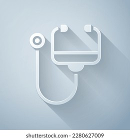 Paper cut Stethoscope medical instrument icon isolated on grey background. Paper art style. Vector