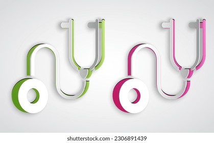 Paper cut Stethoscope medical instrument icon isolated on grey background. Paper art style. Vector