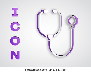 Paper cut Stethoscope medical instrument icon isolated on grey background. Paper art style. Vector