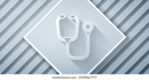 Paper cut Stethoscope medical instrument icon isolated on grey background. Paper art style. Vector