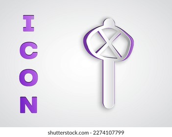 Paper cut Stone age hammer icon isolated on grey background. Paper art style. Vector