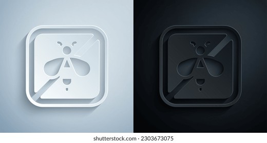 Paper cut Stop bee icon isolated on grey and black background. Sweet natural food. Honeybee or apis with wings symbol. Flying insect. Paper art style. Vector