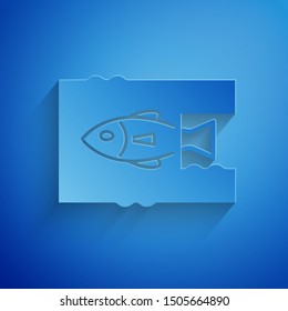 Paper cut Stop ocean plastic pollution icon isolated on blue background. Environment protection concept. Fish say no to plastic. Paper art style. Vector Illustration