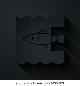 Paper cut Stop ocean plastic pollution icon isolated on black background. Environment protection concept. Fish say no to plastic. Paper art style. Vector Illustration