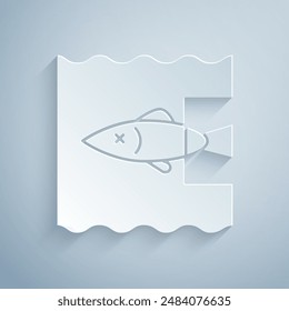 Paper cut Stop ocean plastic pollution icon isolated on grey background. Environment protection concept. Fish say no to plastic. Paper art style. Vector Illustration