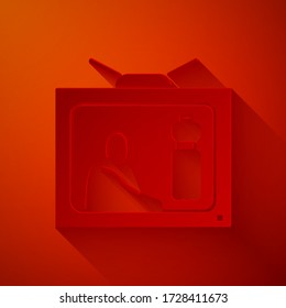 Paper cut Stop plastic pollution icon isolated on red background. Ecological poster. Paper art style. Vector Illustration