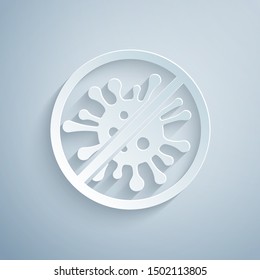 Paper cut Stop virus, bacteria, germs and microbe icon isolated on grey background. Antibacterial and antiviral defence, protection infection. Paper art style. Vector Illustration