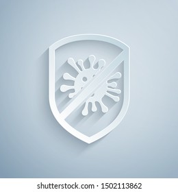 Paper cut Stop virus, bacteria, germs and microbe icon isolated on grey background. Antibacterial and antiviral defence, protection infection. Paper art style. Vector Illustration