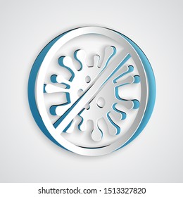 Paper cut Stop virus, bacteria, germs and microbe icon isolated on grey background. Antibacterial and antiviral defence, protection from infection. Paper art style. Vector Illustration