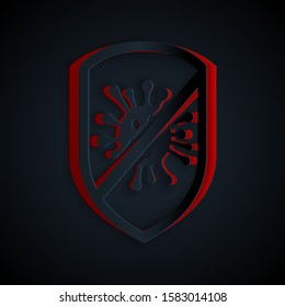 Paper cut Stop virus, bacteria, germs and microbe icon isolated on black background. Antibacterial and antiviral defence, protection infection. Paper art style. Vector Illustration